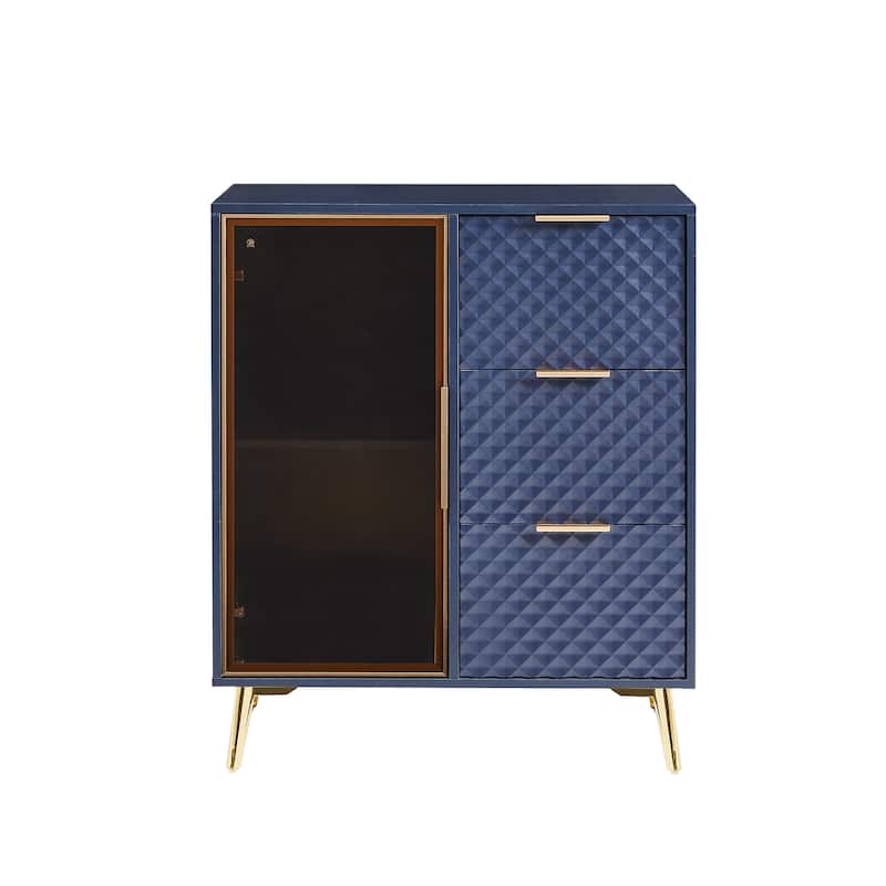 Storage Cabinet with Geometric Carvings, Accent Cabinet with Tempered Glass Doors, Buffet with Sturdy Metal Legs
