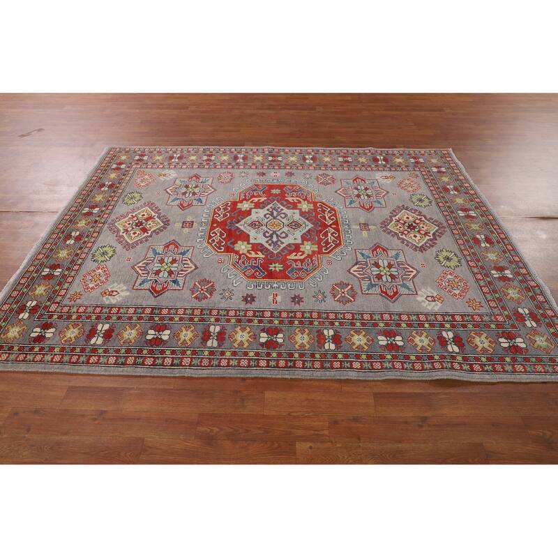 Gray Geometric Kazak Area Rug Living Room Handmade Wool Carpet - 5'7" x 7'3"