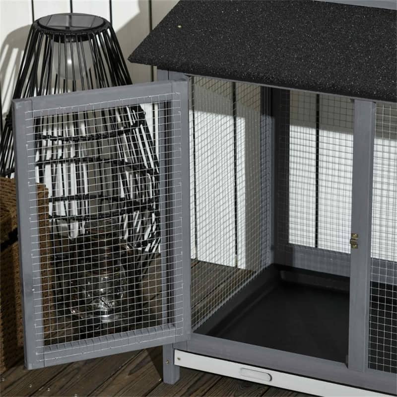 Outdoor Wooden Bunny Hutch with Run Boxes and Asphalt Roof Ramp and Removable Trays for 2-4 Rabbits