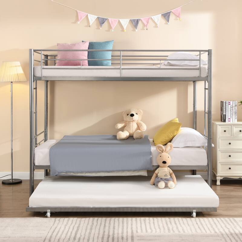 Silver Metal Bunk Bed with Trundle, Space-Saving, Sturdy Steel Frame, Easy Assembly, No Box Spring Needed