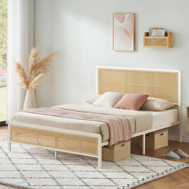Rattan Bed Frame with Headboard LED Lights and Footboard - White - Full