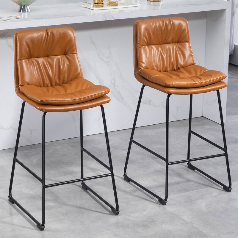 Set of 2 Bauer Brown Faux Leather Bar Stool with Black Iron Legs