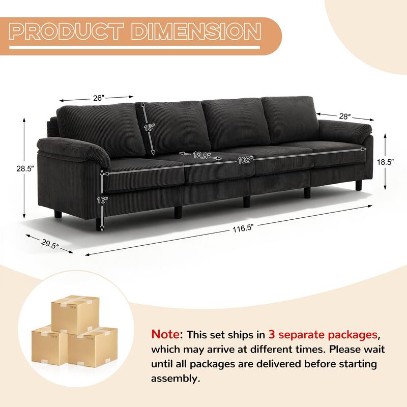 116.5" Modern Corduroy Upholstered Sectional Sofa Rectangle 4-Seater Sofa