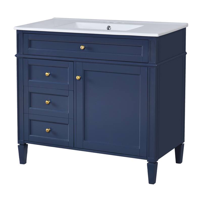 Modern Single Sink Bathroom Vanity Cabinet with Door Rack, Tip-out Drawer, 2 Pull-out Drawers, Metal Knobs and Adjustable Shelf