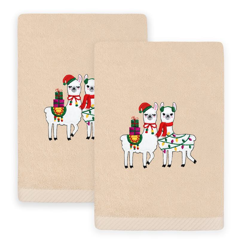 Authentic Hotel and Spa Christmas LLAMAS Embroidered Luxury 100% Turkish Cotton Hand Towels Set of 2 - Sand