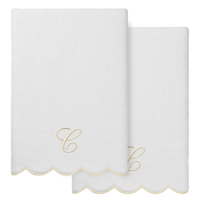 Authentic Hotel and Spa 100% Turkish Cotton Beige ADORNIA Scallop Personalized 2 Piece Bath Towel Set - 2 Bath Towels - C