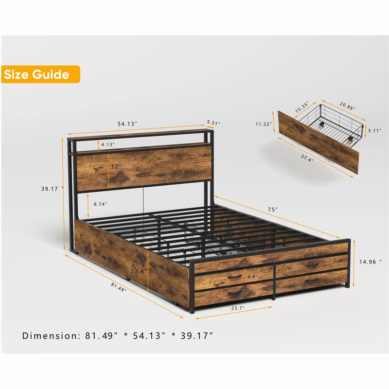 Full/Queen Size Metal Bed Frame w/ Drawers,LED Headboard,Charging Station