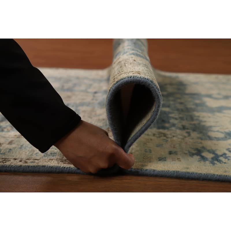 Hand Knotted Oriental 100% Wool Carpet Transitional All-Over Navy Blue & Blues Oushak Runner Rug - 11' 7'' X 3' 2''