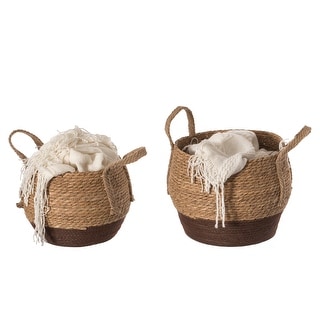 Straw Decorative Round Storage Basket Set of 2 with Woven Handles
