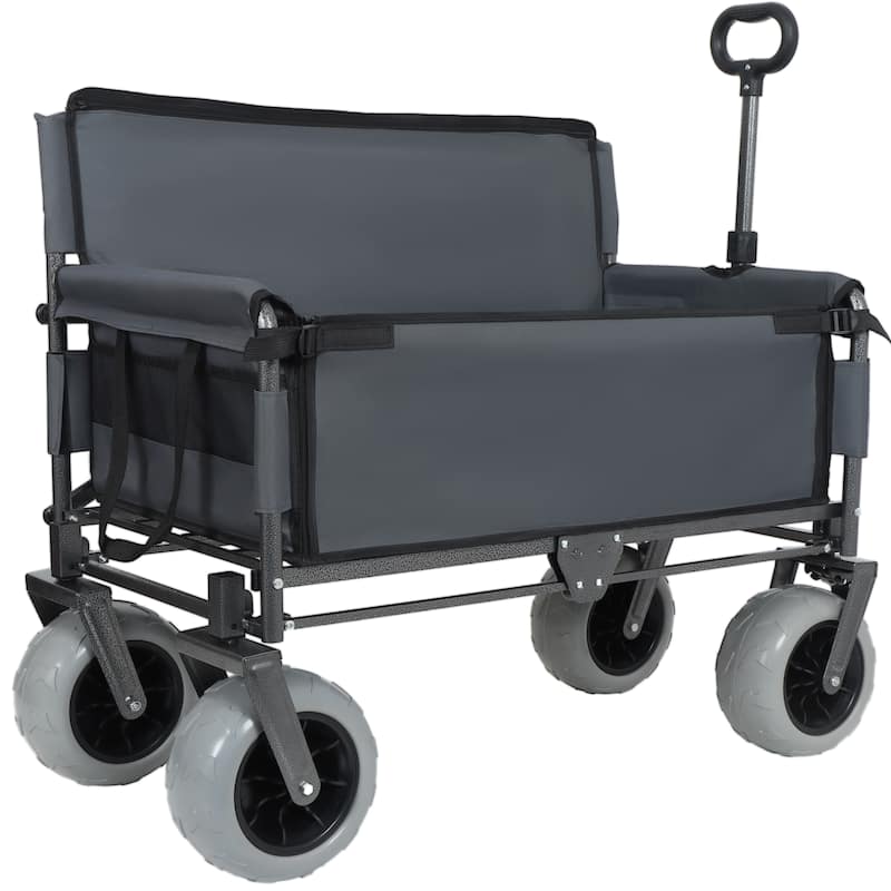 3-in-1 Folding Wagon with Bench Seat - 500lbs Capacity, 9"x4" Beach Tires for Camping & Beach