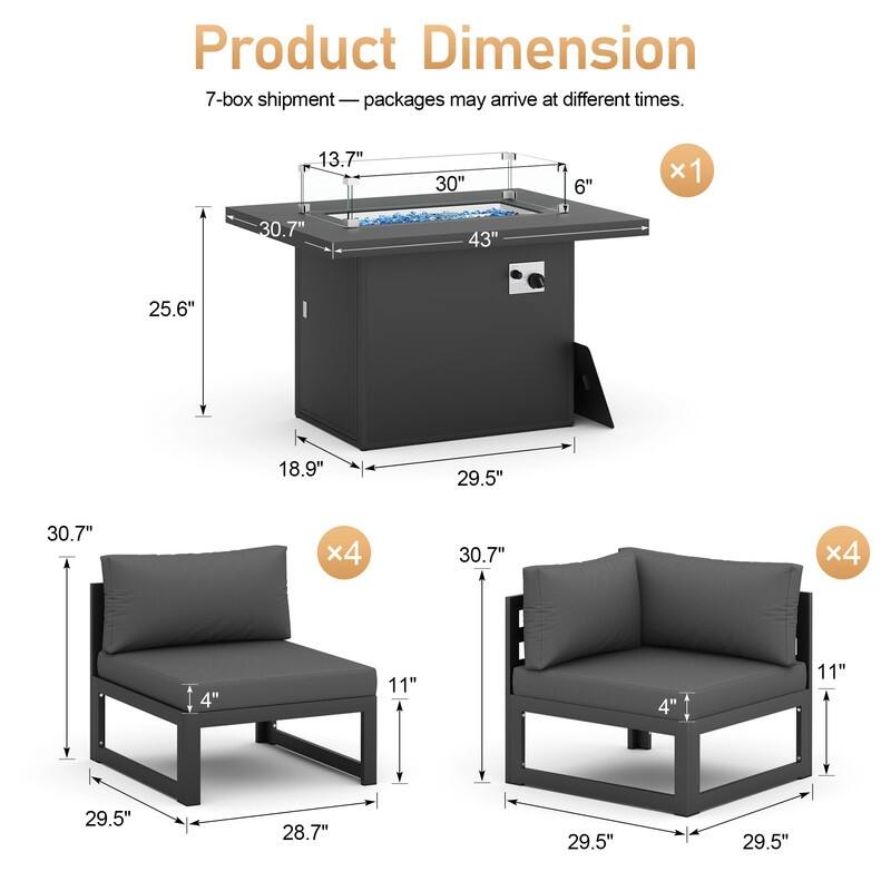 9-Piece Modern Aluminum Outdoor Furniture Set With Fire Pit Table Propane/Gas 60,000 BTU, Extra Large Aluminum Patio Sectional