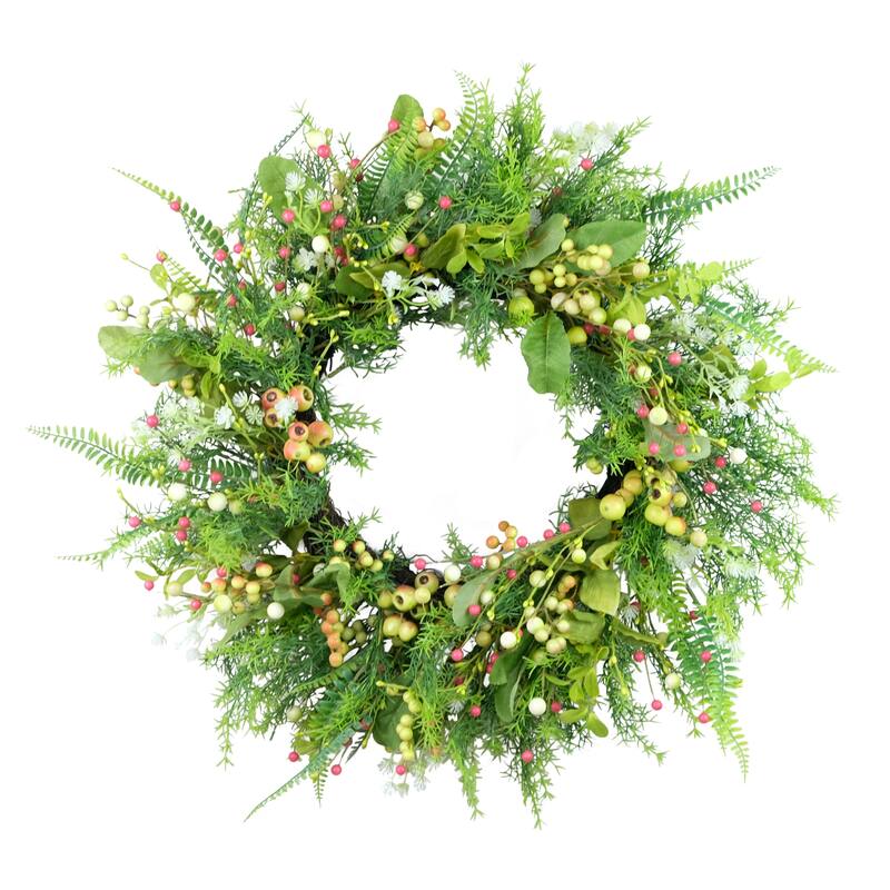 Fern and Berry Artificial Spring Floral Wreath - 26" - Green and Pink