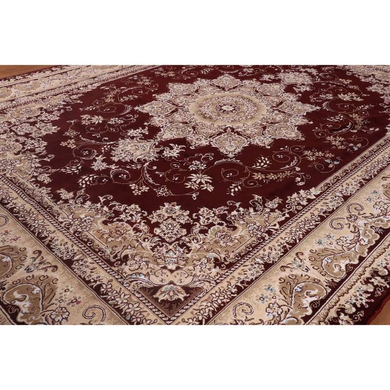 Burgundy Medallion Tabriz Area Rug Machine Made Carpet - 9'9" x 13'2"