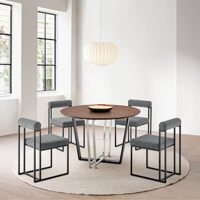 Joana Anastasia 5 Piece Round Walnut Dining Table Set with Metal Frame and Upholstered Chairs