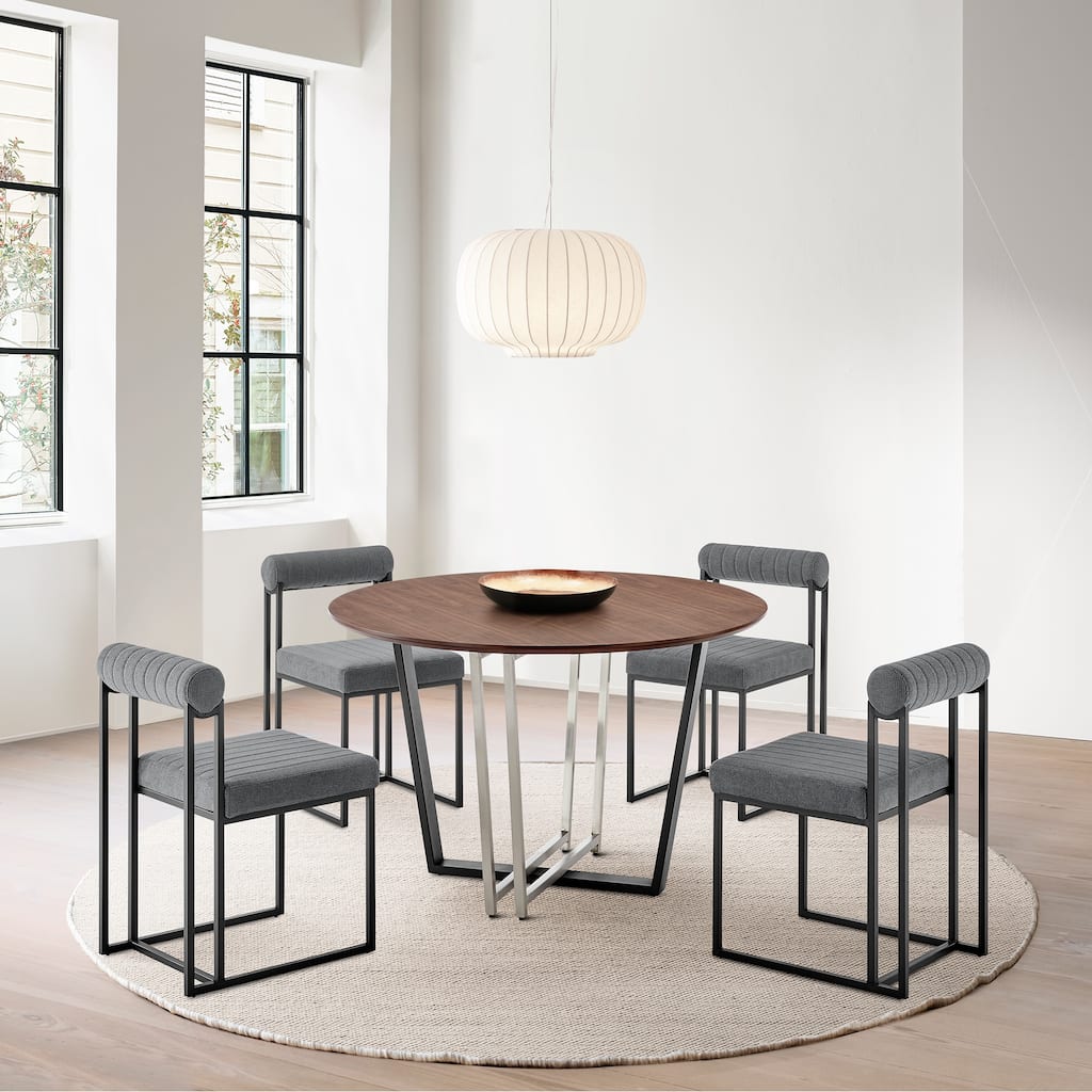 Joana Anastasia 5 Piece Round Walnut Dining Table Set with Metal Frame and Upholstered Chairs