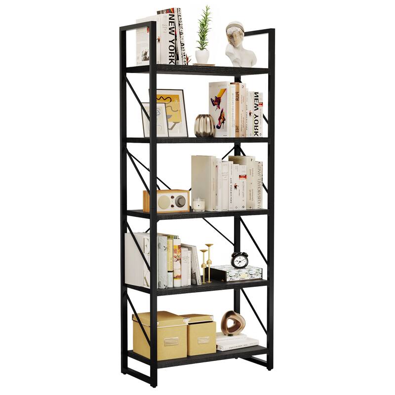 Moasis 62" Industrial Bookshelf, 5 Tier Rustic Wood Etagere Bookcase with Open Shelves - Black