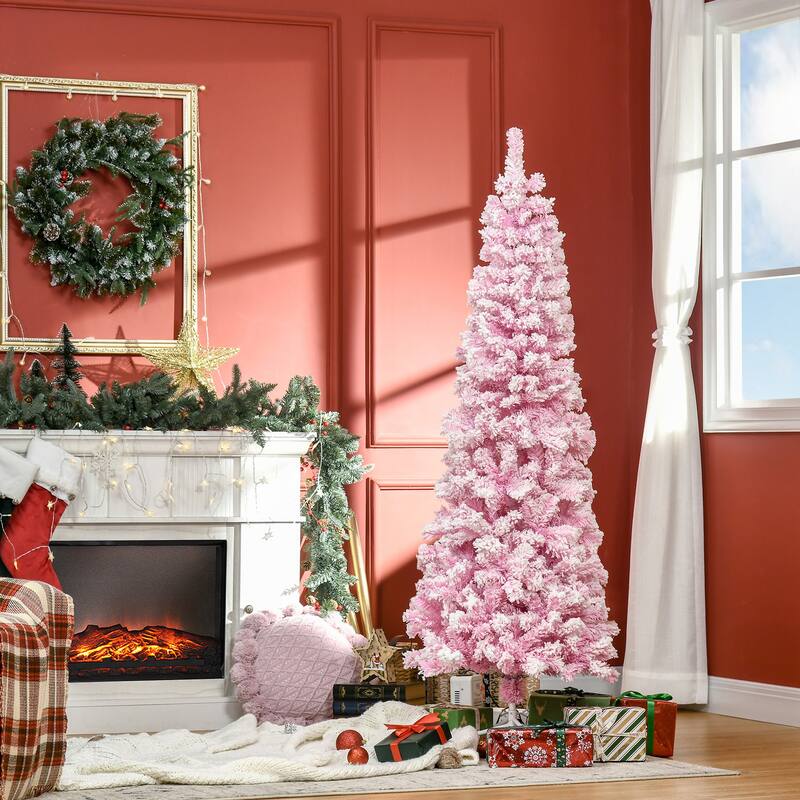 Pink Snow Flocked Pencil Christmas Tree Indoor Slim Space Saving Artificial Tree with Hinged Branches and Steel Base - 7.5 Foot
