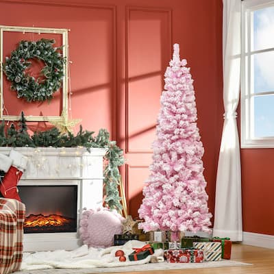 Pink Snow Flocked Pencil Christmas Tree Indoor Slim Space Saving Artificial Tree with Hinged Branches and Steel Base