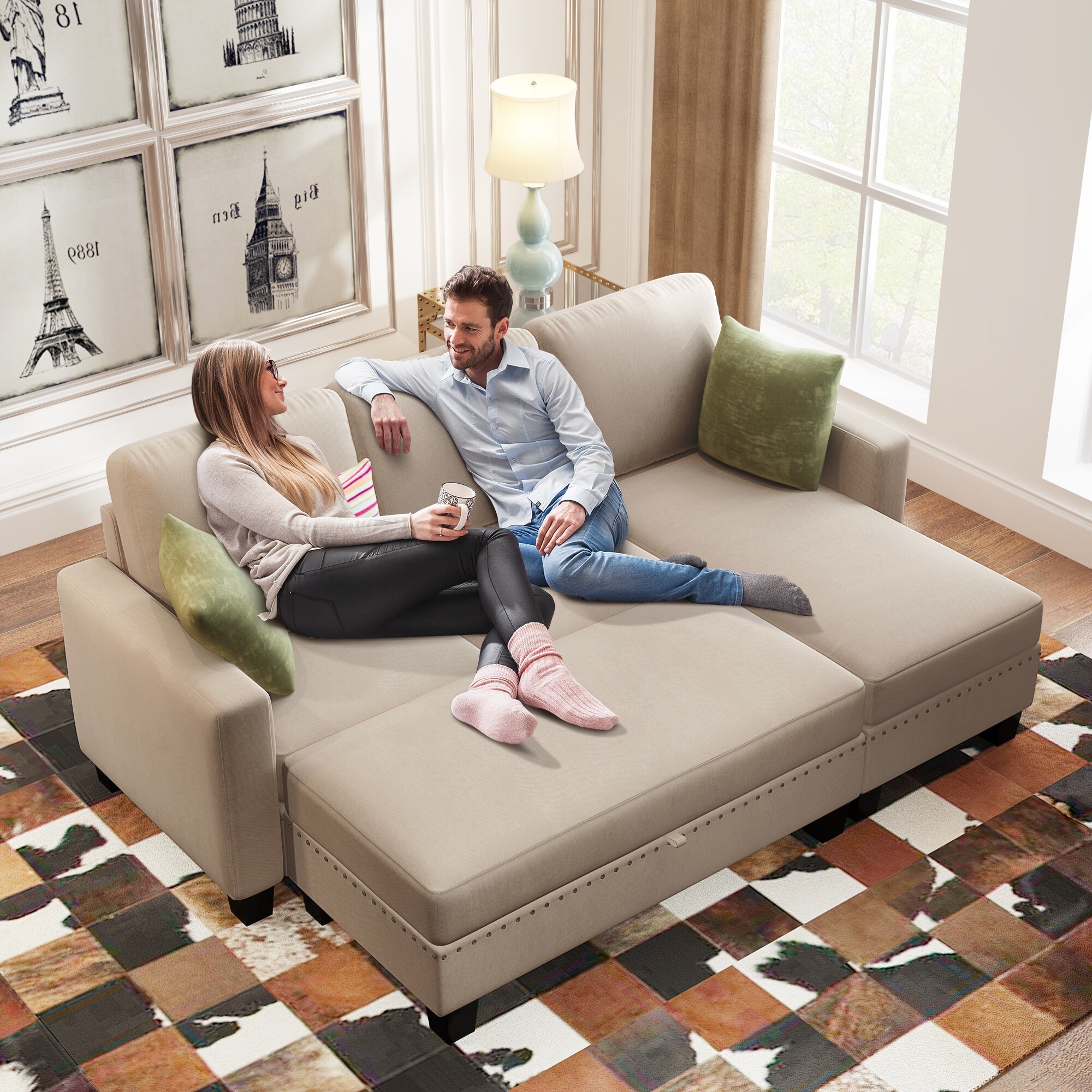 Couch with pull out top ottoman and storage