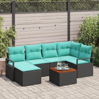 vidaXL 7 Piece Garden Sofa Set with Cushions Black Poly Rattan Acacia - 91.3×48×27.2