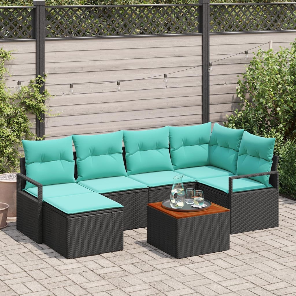 vidaXL 7 Piece Garden Sofa Set with Cushions Black Poly Rattan Acacia - 91.3×48×27.2