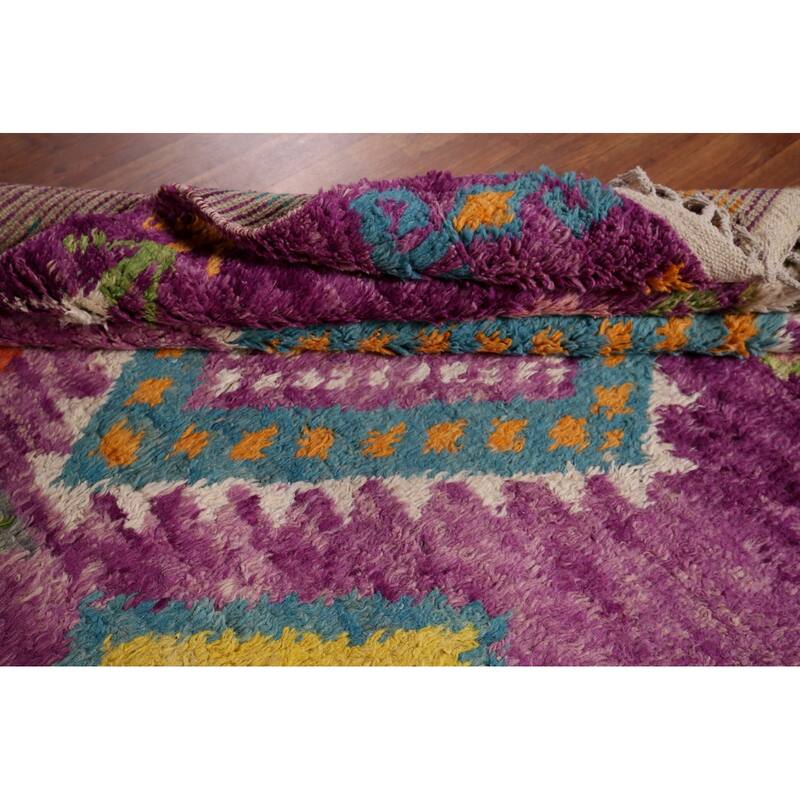 Purple Geometric Plush Moroccan Area Rug Hand-Knotted Wool Carpet - 6'0" x 9'7"