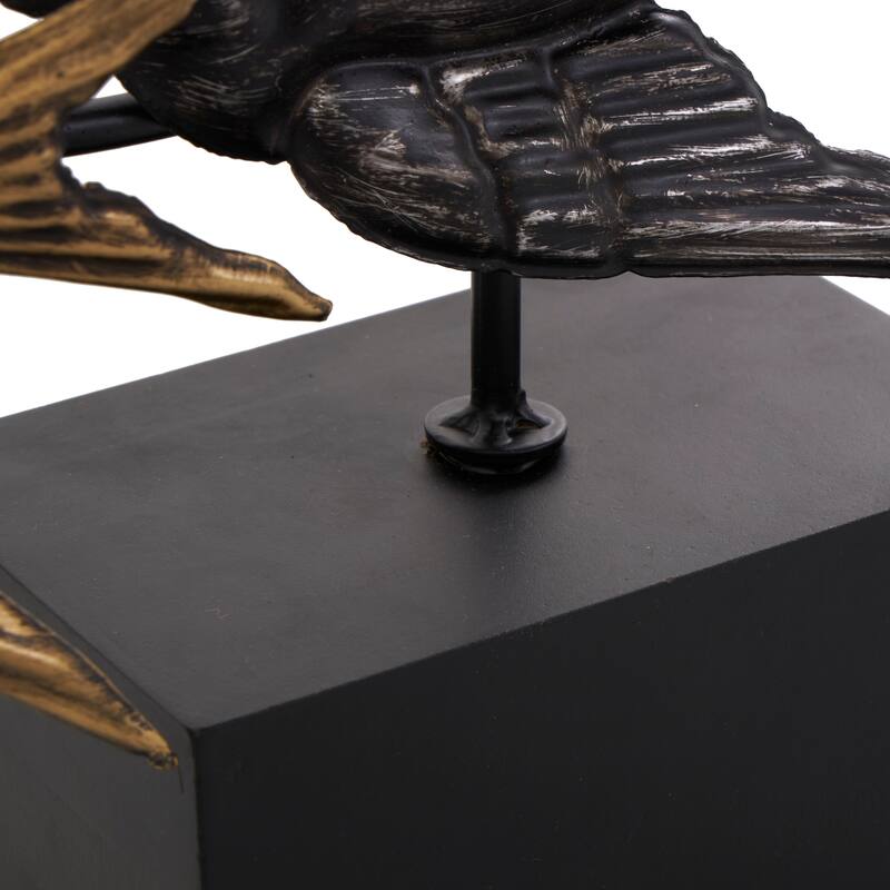 Black Metal Metallic Flying Bird Decorative Sculpture with Black Block Base