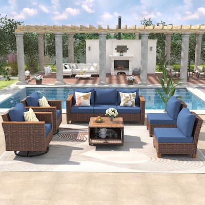8 Piece Wicker Outdoor Patio Conversation Set with Thick Cushion and Storage Table, All Weather Rattan Swivel Chairs Set of 2
