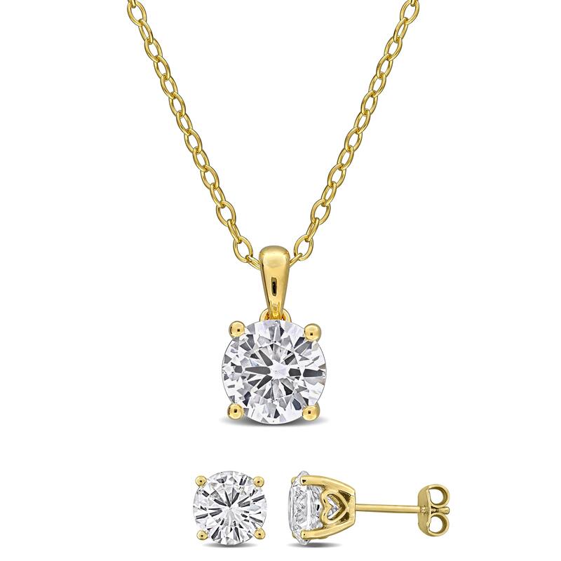 Miadora 6.41ct TGW Created White Sapphire Solitaire Earrings & Necklace Set Yellow Silver