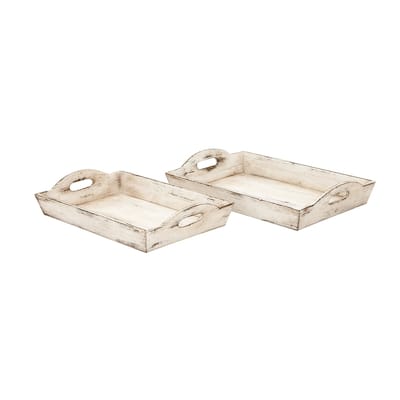 Benzara Distressed Wooden Serving Trays With Handles, Set Of 2, White