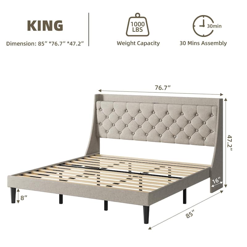 Bed Frame with Upholstered Wingback Headboard
