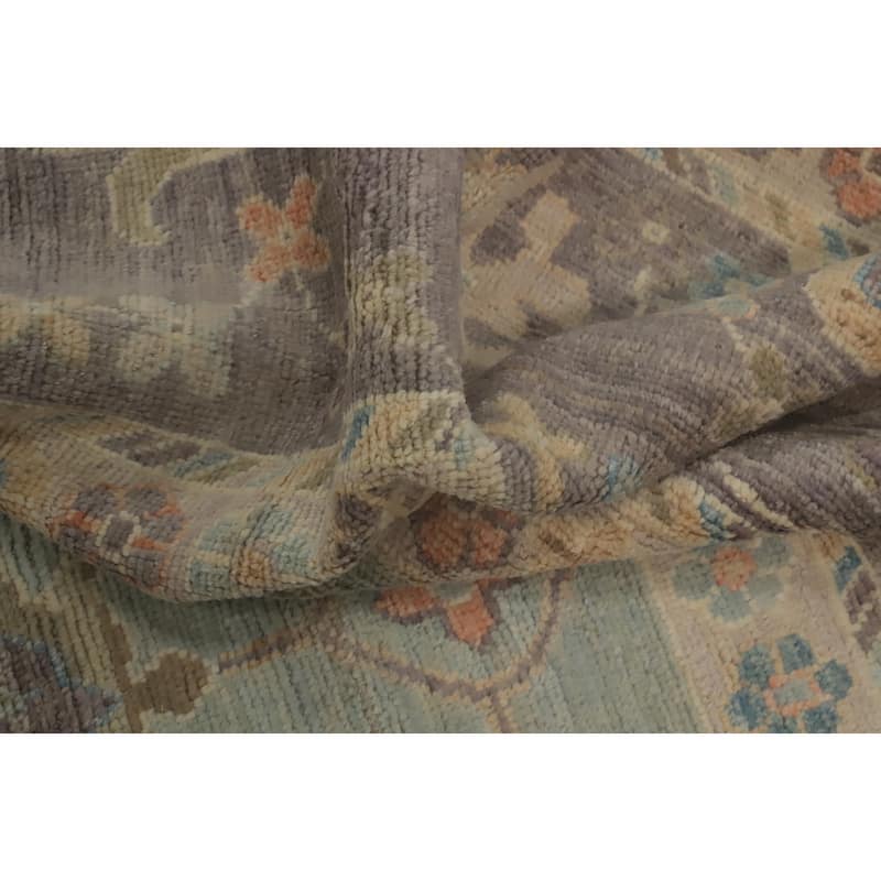 Light Blue Floral Oushak Vegetable Dye Area Rug, Floral Geometric Carpet - 12' 5'' X 9' 4''