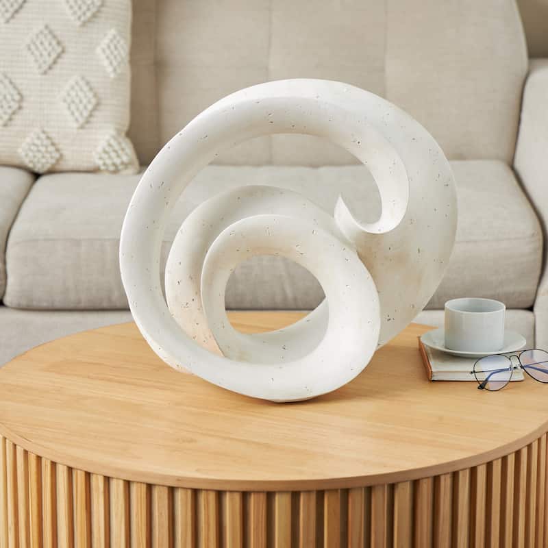 White Polystone Wavy Shaped Abstract Decorative Sculpture with Cutouts and Speckled Texturing