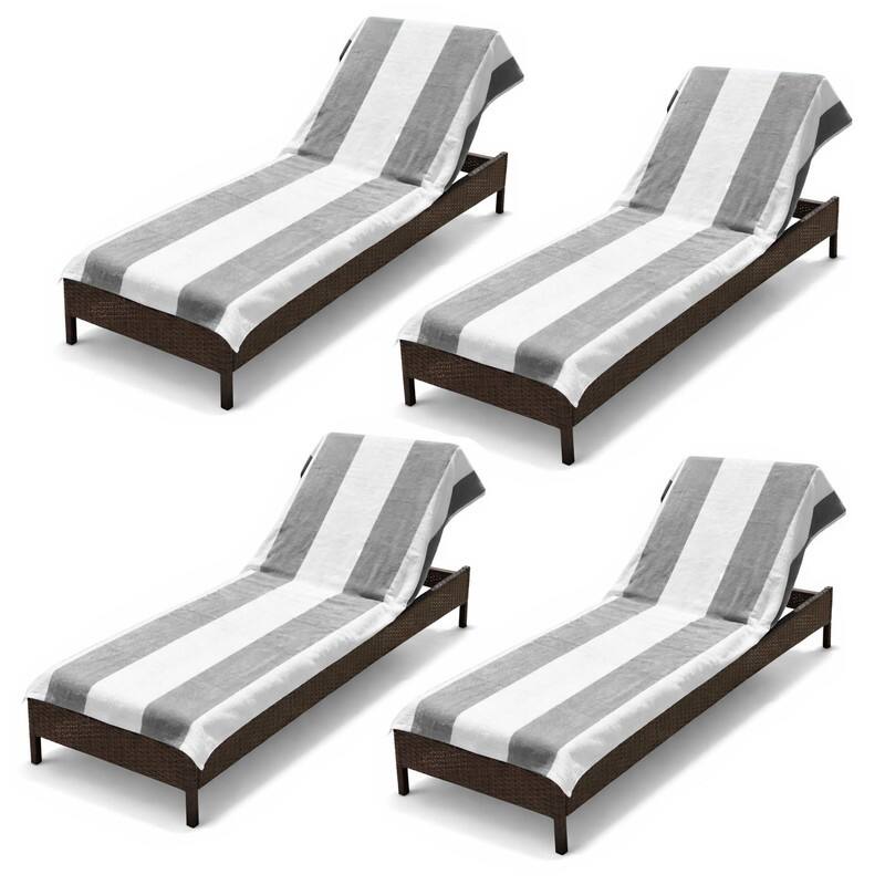 100% Cotton Cabana‑Stripe Lounge Chair Cover Terry Towel with Fitted Pocket & Back Flap Set of 4