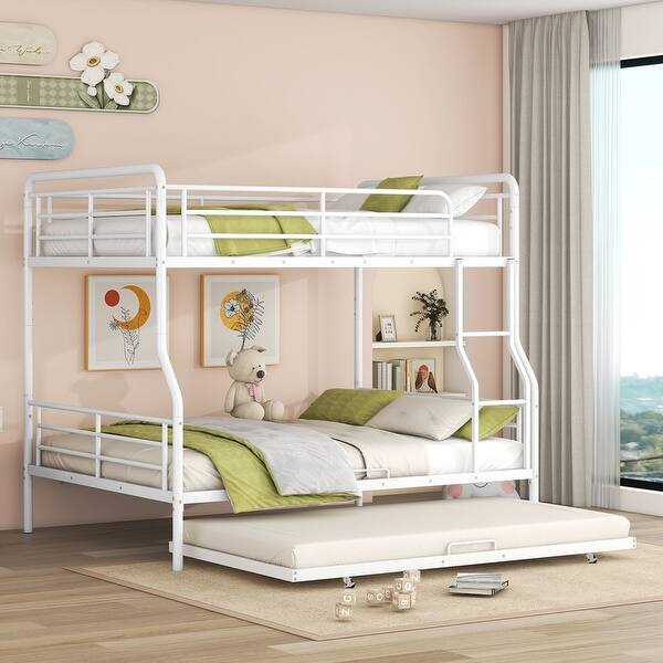 slide 2 of 17, Full XL Over Queen Size Metal Bunk Bed with Twin Size Trundle White