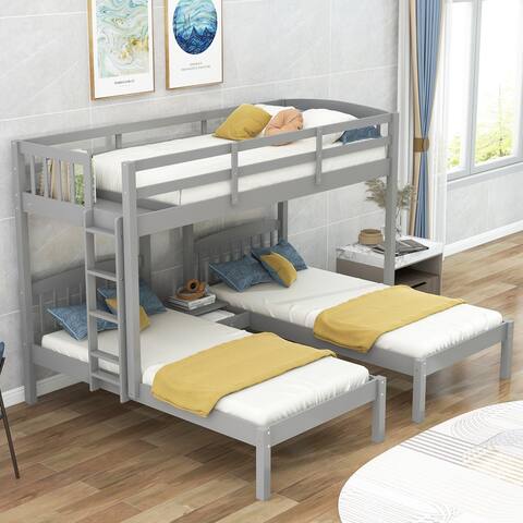 Twin over Twin & Twin Bunk Bed with Built-in Middle Drawer, Gray