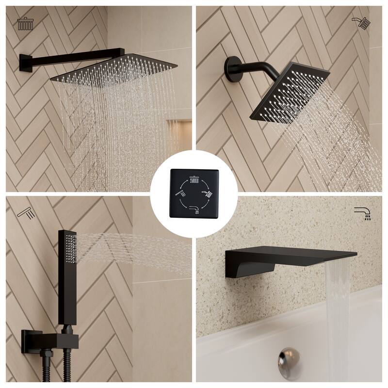 4-Spray Wall Mount 12 and 6 in. Dual Fixed and Handheld Shower Head with Waterfall Tub Spout (Valve Included) - 12" x 12"