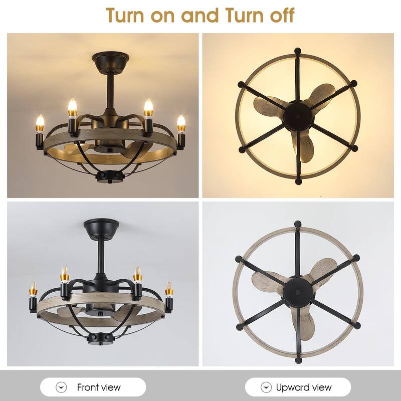 23"/32" Modern Chandelier LED Ceiling Fan with Remote,Wood Grain Caged Fandelier