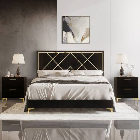 CraftPorch 3 Piece Bedroom Nightstands Set Velvet Upholstered Bed