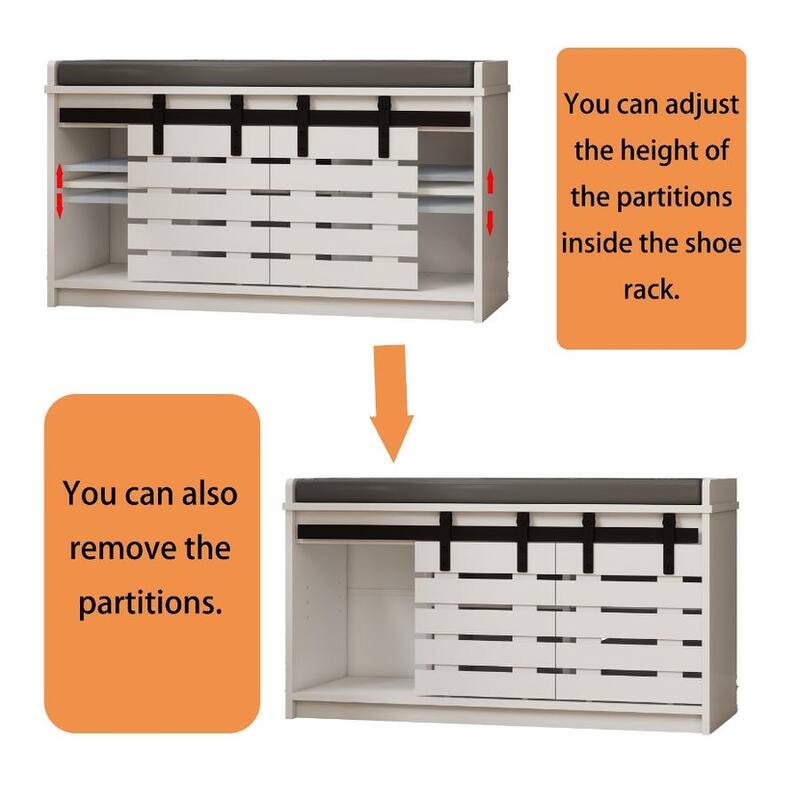 Modern Shoe Storage Bench, 2-Tier Entryway Bench with 2 Sliding Barn Doors
