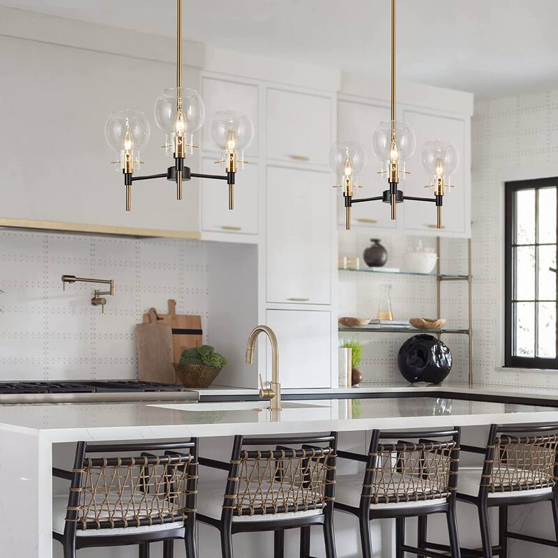 Isha Modern Minimalist 3-Light Black and Gold Chandelier Globe Glass Pendant Light for Dining Room