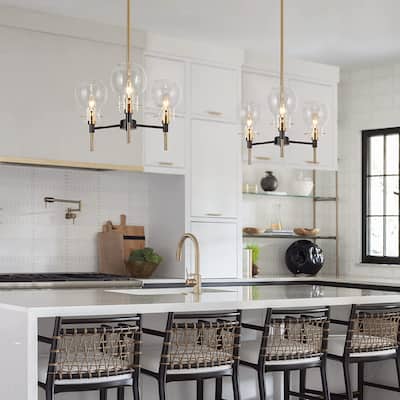 Isha Modern Minimalist 3-Light Black and Gold Chandelier Globe Glass Pendant Light for Dining Room