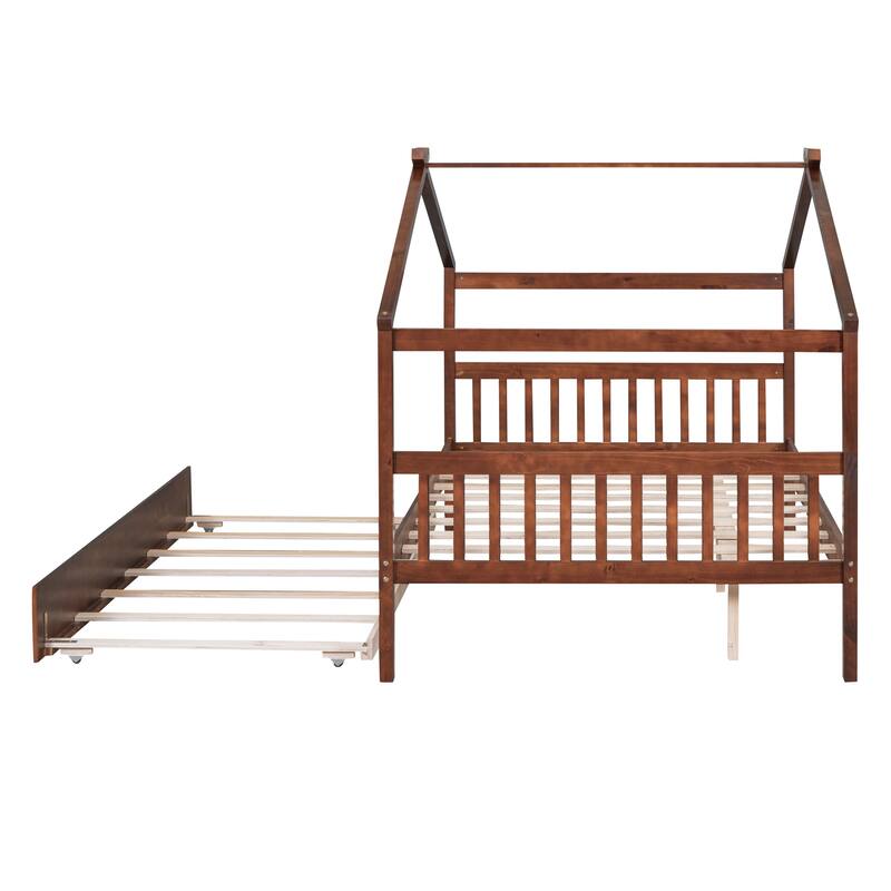 Wooden House Bed with Twin Size Trundle