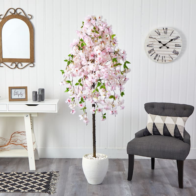 70" Cherry Blossom Artificial Tree in White Planter - 13"