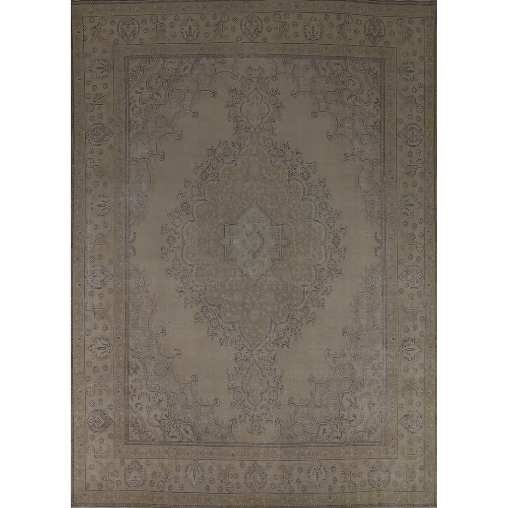 Traditional Beige Tabriz Persian Vintage Rug Handmade Wool Carpet - 9'7" x 12'6"