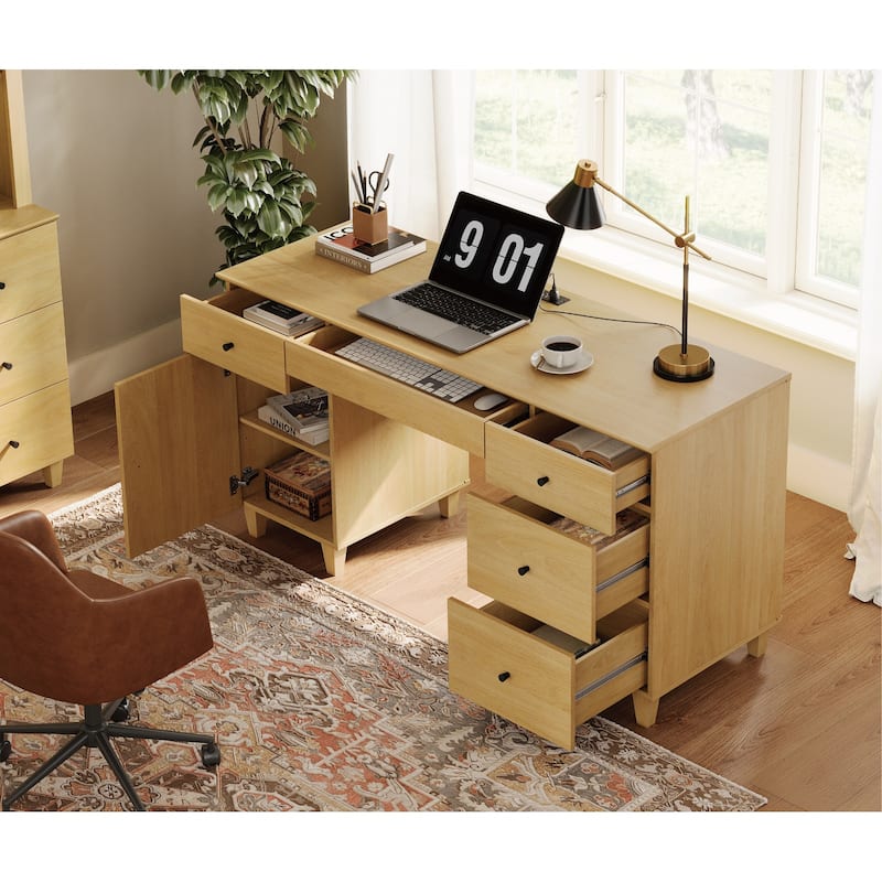 WAMPAT Home Office Furniture Set, 58" Executive Desk with Cabinet, 2-Column 71" Tall Bookcase with Doors and Adjustable Shelves