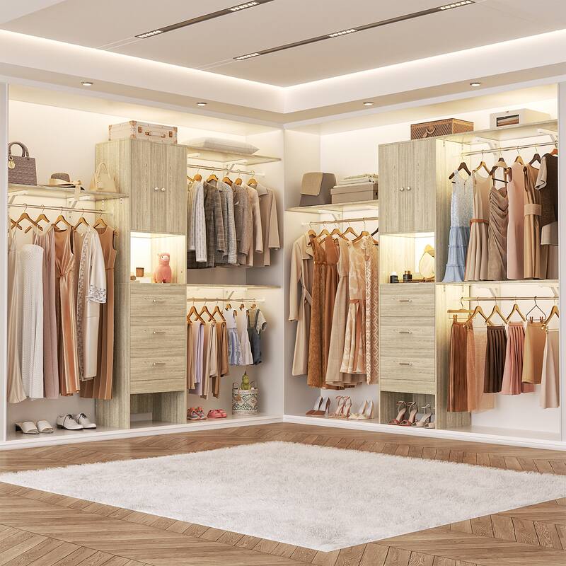 20''-96'' Wide Wooden Closet Organizer With Doors, Adjustable Closet System with Drawers and Hanging Rods