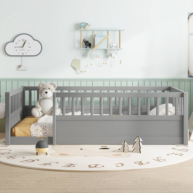 Roomfitters Wooden Twin Floor Bed Frame with Fence, Montessori Low Platform Design for Bedroom or Playroom