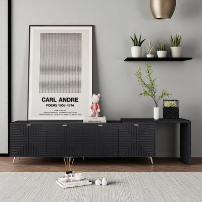 Modern 70"-90" Adjustable TV Console, Wood Veneer Entertainment Cabinet with 4 Doors & Adjustable Shelves for TVs up to 90"