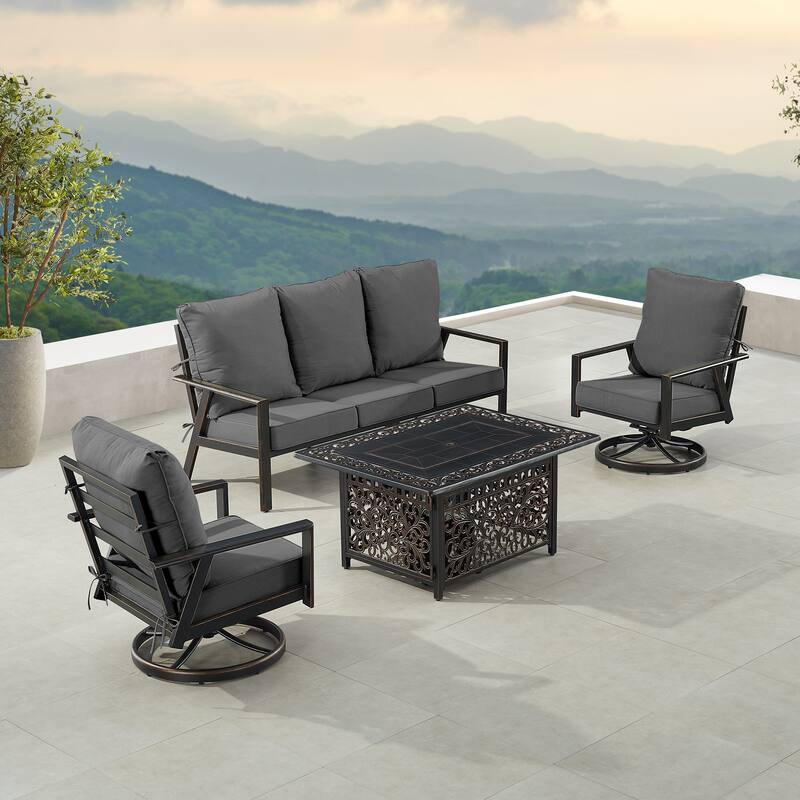 Black Aluminum Fire Table Set with Sofa and Two Club Chairs